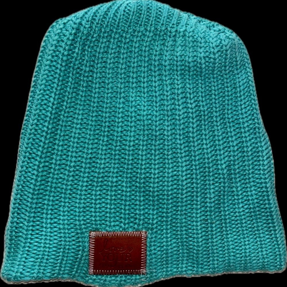 Teal Knit Beanie with Leather Patch 100% thick cable knit cotton hat skully cap - Picture 3 of 7